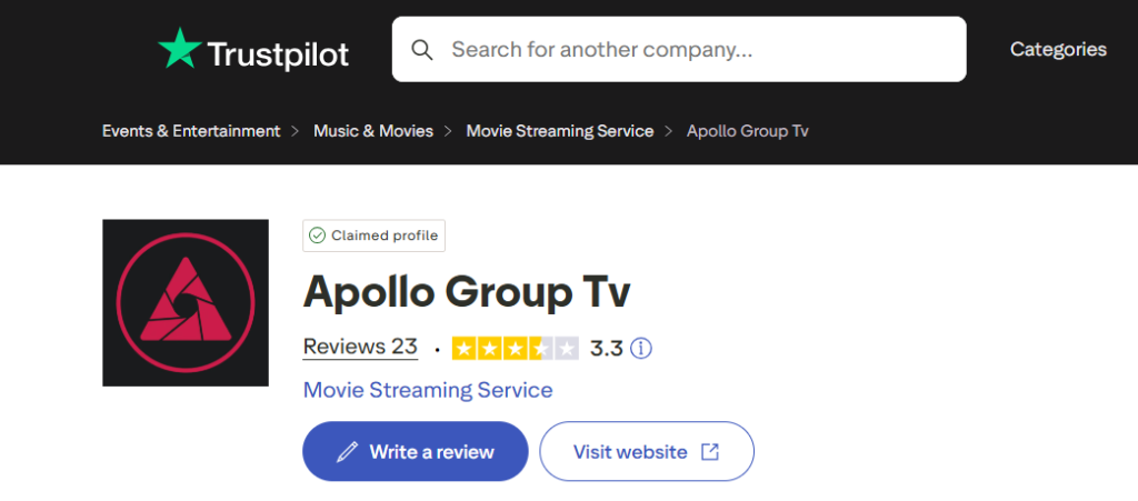 is apollo tv illegal, here is a screen shot of apollo iptv reviews on trust pilot!